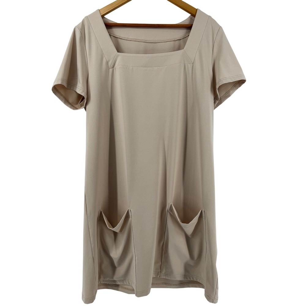 Beige Square Neck Short Sleeve Shift Dress with Pockets XL Tan Minimalist